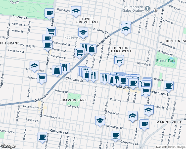 map of restaurants, bars, coffee shops, grocery stores, and more near 3344 Michigan Avenue in St. Louis