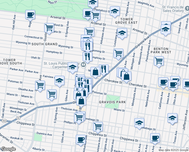 map of restaurants, bars, coffee shops, grocery stores, and more near 3405 Gravois Avenue in St. Louis