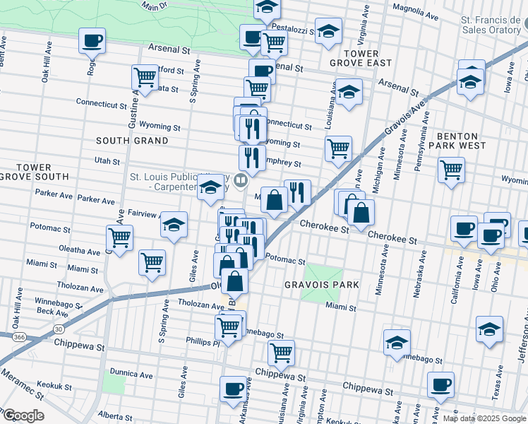 map of restaurants, bars, coffee shops, grocery stores, and more near 3405 Gravois Avenue in St. Louis