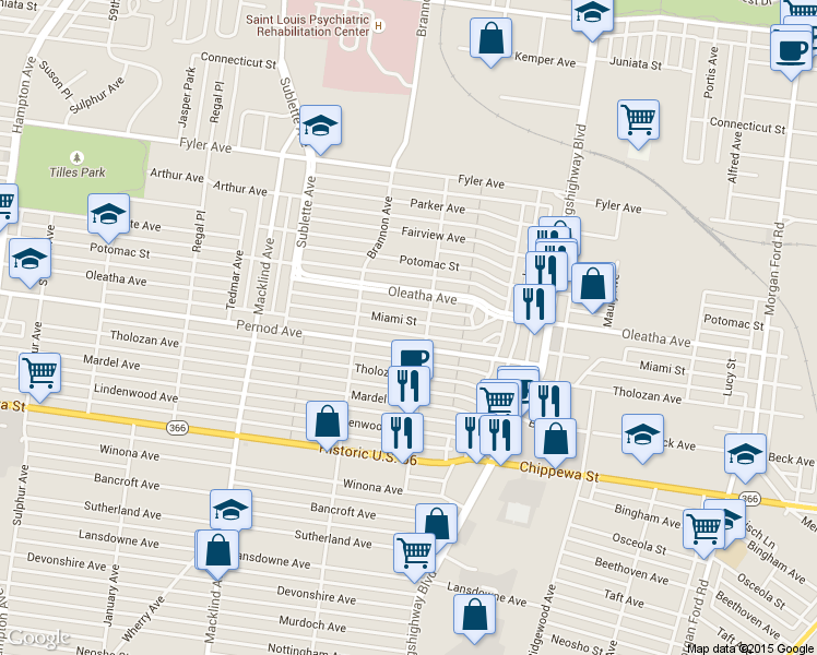 map of restaurants, bars, coffee shops, grocery stores, and more near 3540 Hereford Street in St. Louis