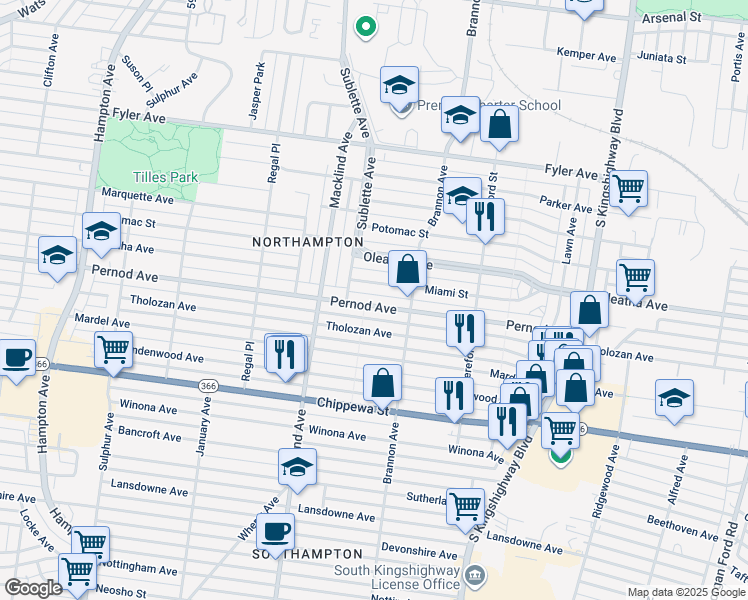map of restaurants, bars, coffee shops, grocery stores, and more near 5240 Pernod Avenue in St. Louis