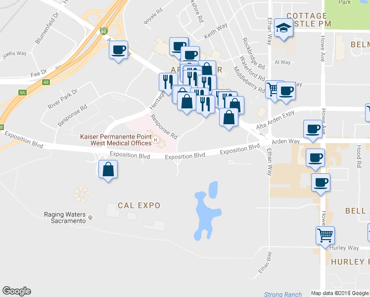 map of restaurants, bars, coffee shops, grocery stores, and more near 1801 Exposition Boulevard in Sacramento