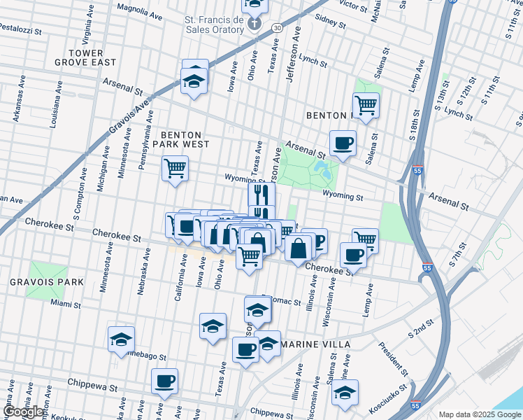 map of restaurants, bars, coffee shops, grocery stores, and more near in St. Louis