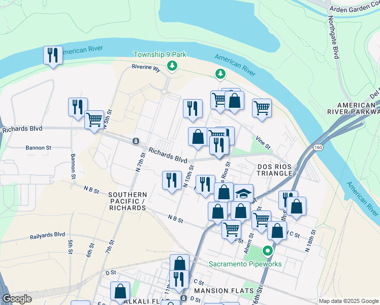 map of restaurants, bars, coffee shops, grocery stores, and more near 951 Richards Boulevard in Sacramento