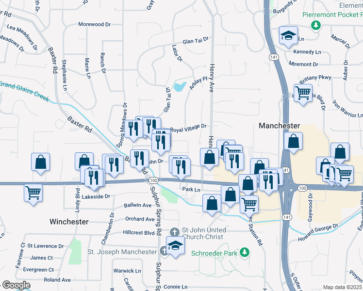map of restaurants, bars, coffee shops, grocery stores, and more near 14425 Andersohn Drive in Manchester