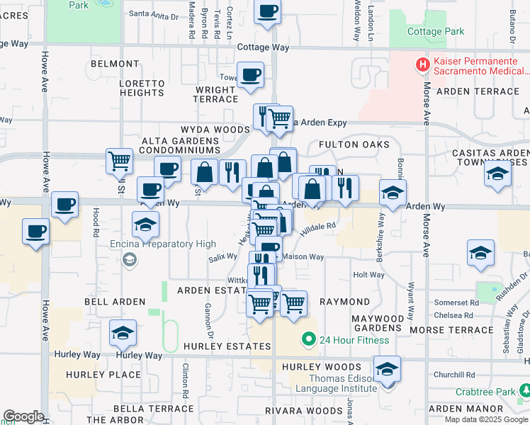 map of restaurants, bars, coffee shops, grocery stores, and more near 1600 Hesket Way in Sacramento