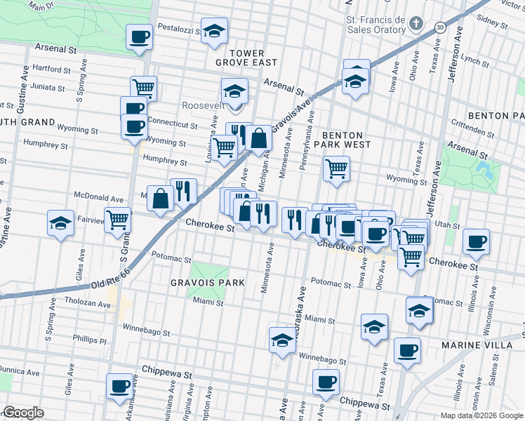 map of restaurants, bars, coffee shops, grocery stores, and more near 3344 Michigan Avenue in St. Louis