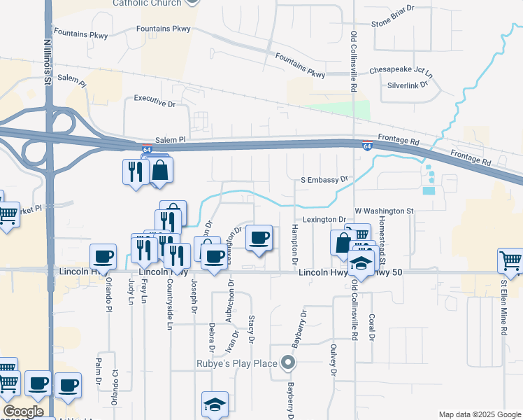 map of restaurants, bars, coffee shops, grocery stores, and more near 32 Lexington Drive in Fairview Heights
