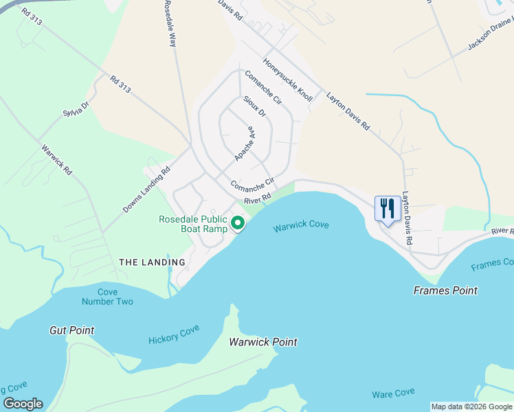map of restaurants, bars, coffee shops, grocery stores, and more near River Road in Millsboro