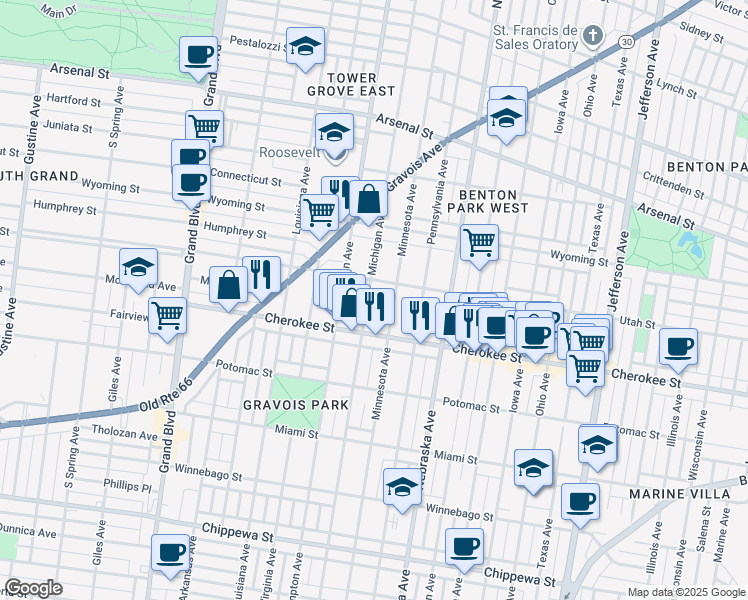 map of restaurants, bars, coffee shops, grocery stores, and more near 3344 Michigan Avenue in St. Louis