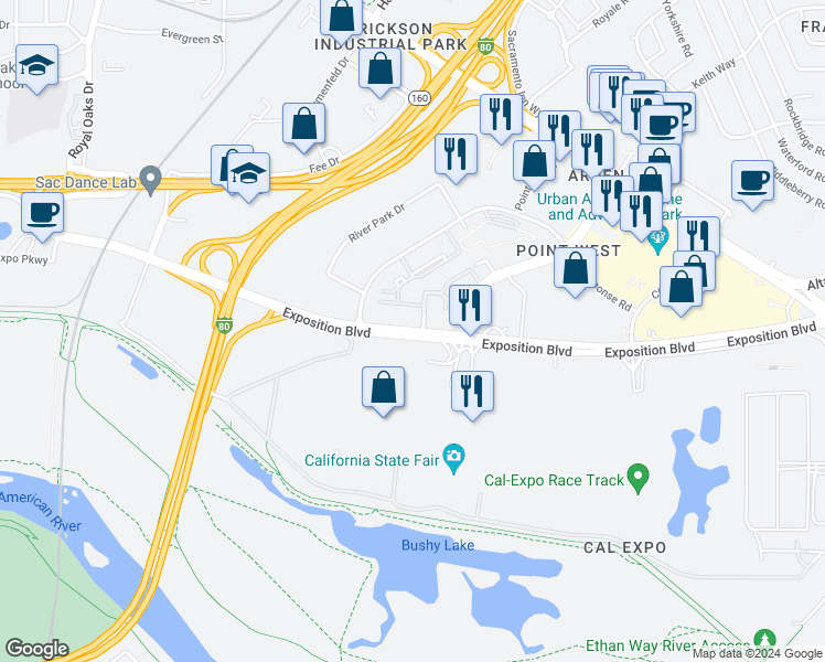 map of restaurants, bars, coffee shops, grocery stores, and more near 1600 Exposition Boulevard in Sacramento