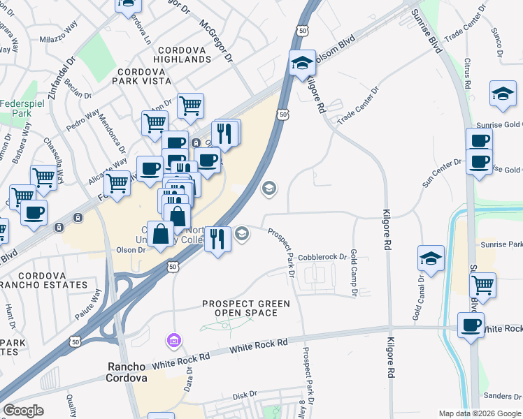 map of restaurants, bars, coffee shops, grocery stores, and more near 10961 Sun Center Drive in Rancho Cordova