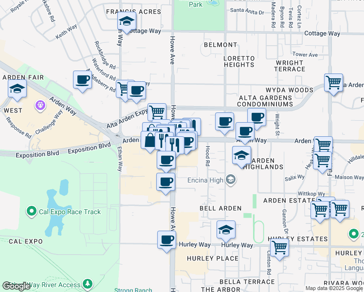 map of restaurants, bars, coffee shops, grocery stores, and more near 1608 Howe Avenue in Sacramento