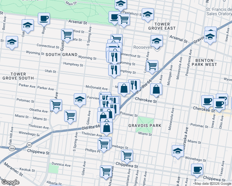 map of restaurants, bars, coffee shops, grocery stores, and more near 3430 South Grand Boulevard in St. Louis