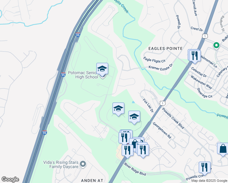map of restaurants, bars, coffee shops, grocery stores, and more near 3113 Eagle Ridge Drive in Woodbridge