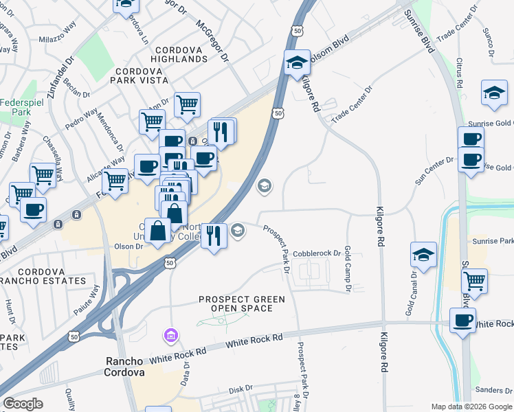 map of restaurants, bars, coffee shops, grocery stores, and more near 10971 Sun Center Drive in Rancho Cordova