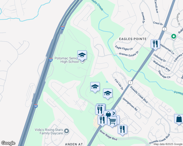 map of restaurants, bars, coffee shops, grocery stores, and more near 3113 Eagle Ridge Drive in Woodbridge