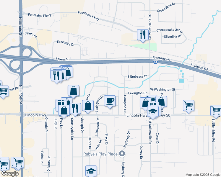 map of restaurants, bars, coffee shops, grocery stores, and more near 32 Lexington Drive in Fairview Heights