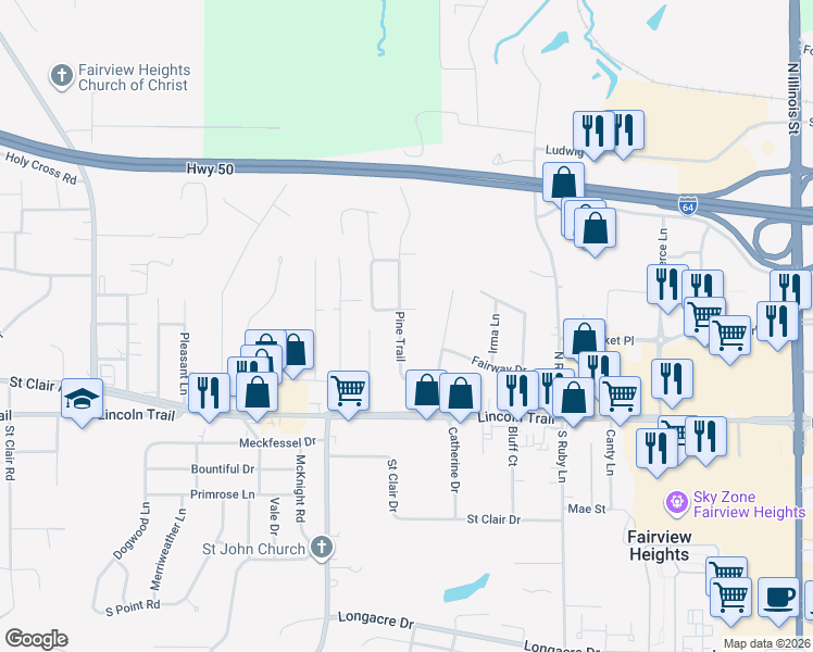 map of restaurants, bars, coffee shops, grocery stores, and more near 59 Pine Trail in Fairview Heights