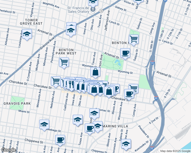 map of restaurants, bars, coffee shops, grocery stores, and more near in St. Louis