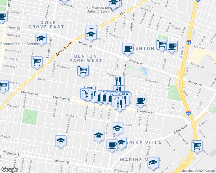 map of restaurants, bars, coffee shops, grocery stores, and more near 3305 Texas Avenue in St. Louis