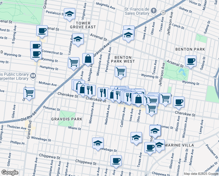 map of restaurants, bars, coffee shops, grocery stores, and more near 3331 Nebraska Avenue in St. Louis