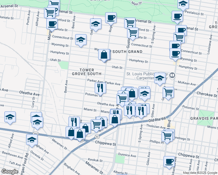 map of restaurants, bars, coffee shops, grocery stores, and more near 3969 Potomac Street in St. Louis