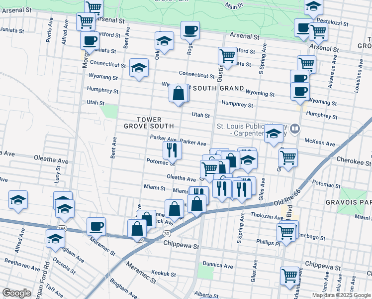 map of restaurants, bars, coffee shops, grocery stores, and more near 3969 Potomac Street in St. Louis