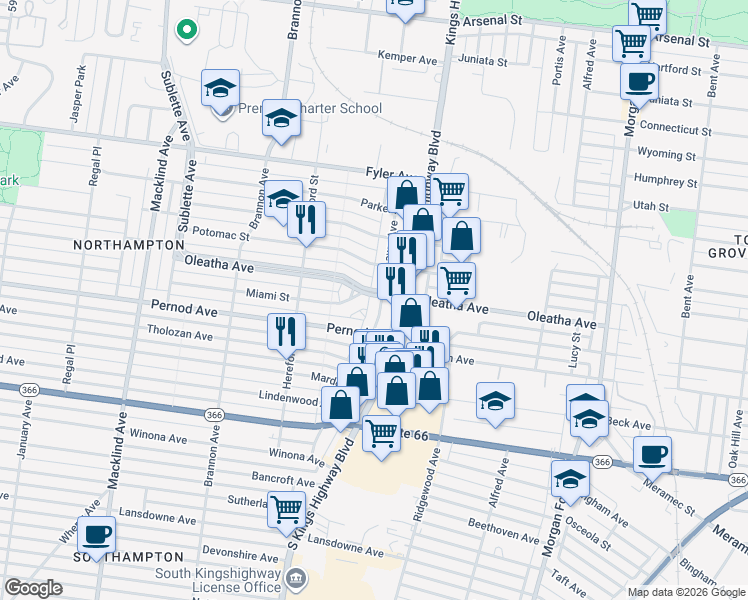 map of restaurants, bars, coffee shops, grocery stores, and more near 3531 Lawn Avenue in St. Louis