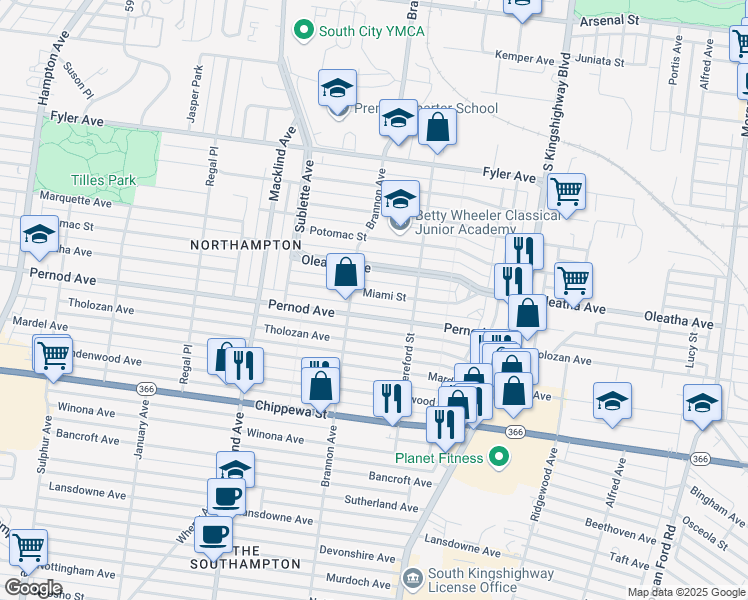 map of restaurants, bars, coffee shops, grocery stores, and more near 5044 Pernod Avenue in St. Louis