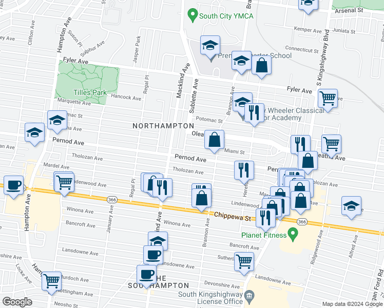 map of restaurants, bars, coffee shops, grocery stores, and more near 5240 Pernod Avenue in St. Louis