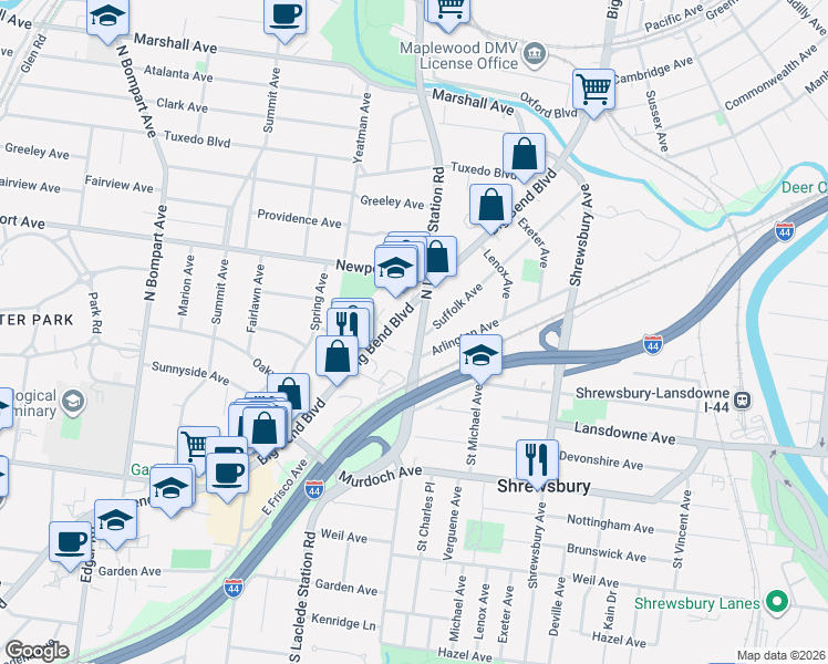map of restaurants, bars, coffee shops, grocery stores, and more near 7734 Arlington Avenue in St. Louis