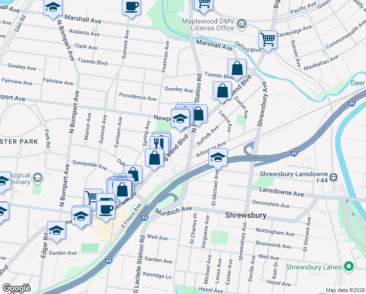 map of restaurants, bars, coffee shops, grocery stores, and more near 7864 Big Bend Boulevard in Webster Groves