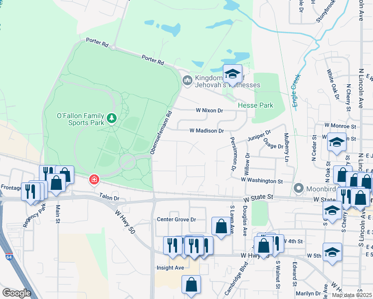map of restaurants, bars, coffee shops, grocery stores, and more near 933 Jenna Lee Lane in O'Fallon