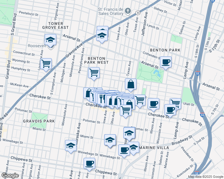 map of restaurants, bars, coffee shops, grocery stores, and more near 2708 Utah Street in St. Louis
