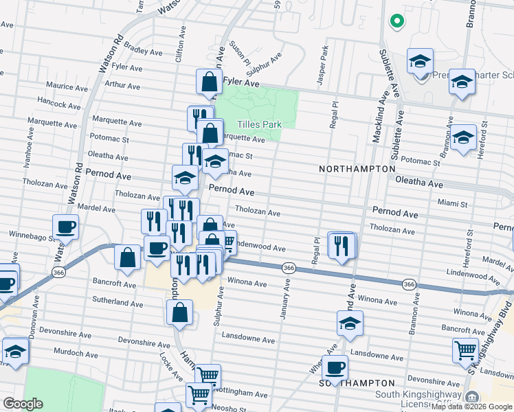map of restaurants, bars, coffee shops, grocery stores, and more near 5711 Tholozan Avenue in St. Louis