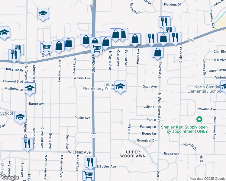 map of restaurants, bars, coffee shops, grocery stores, and more near 866 North Taylor Avenue in Kirkwood