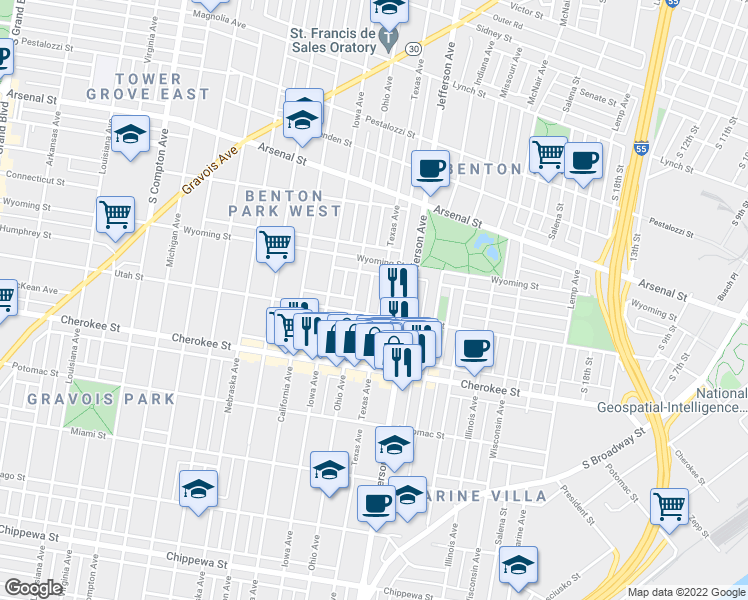 map of restaurants, bars, coffee shops, grocery stores, and more near 3305 Texas Avenue in St. Louis