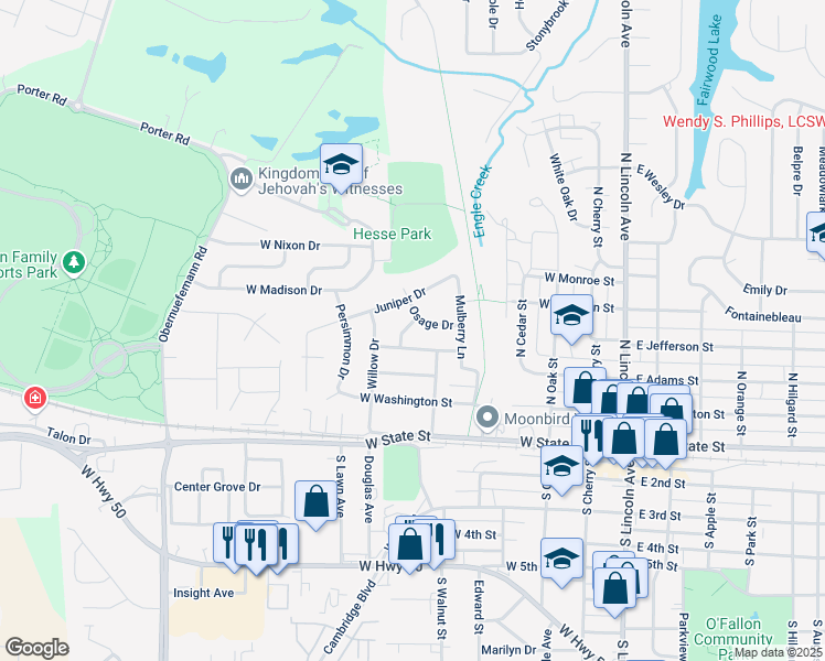 map of restaurants, bars, coffee shops, grocery stores, and more near 605 West Jefferson Street in O'Fallon