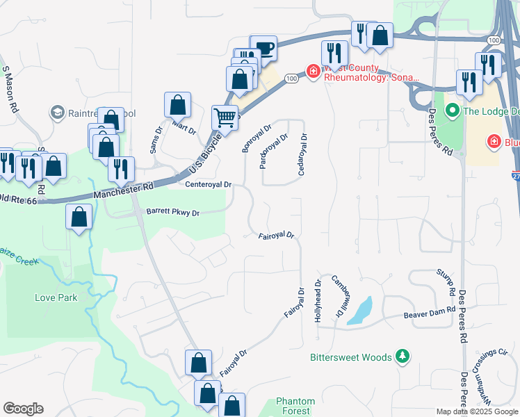 map of restaurants, bars, coffee shops, grocery stores, and more near 2258 Centeroyal Drive in Des Peres
