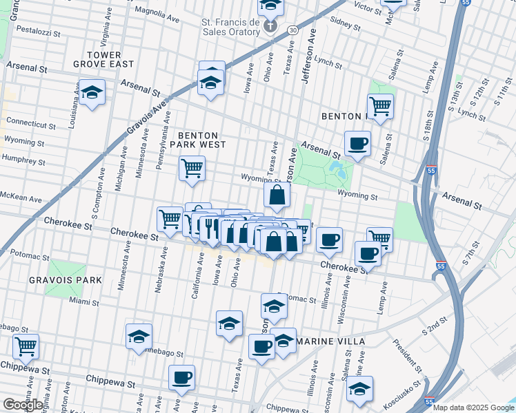 map of restaurants, bars, coffee shops, grocery stores, and more near 3245 Texas Avenue in St. Louis