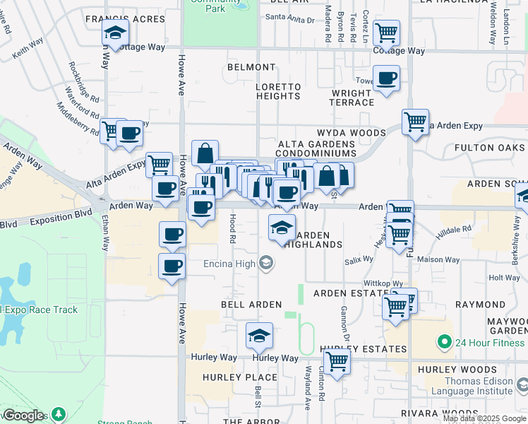 map of restaurants, bars, coffee shops, grocery stores, and more near 2293 Arden Way in Sacramento