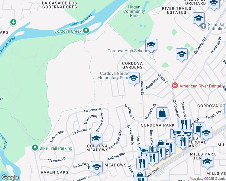 map of restaurants, bars, coffee shops, grocery stores, and more near 2304 Moraine Circle in Rancho Cordova