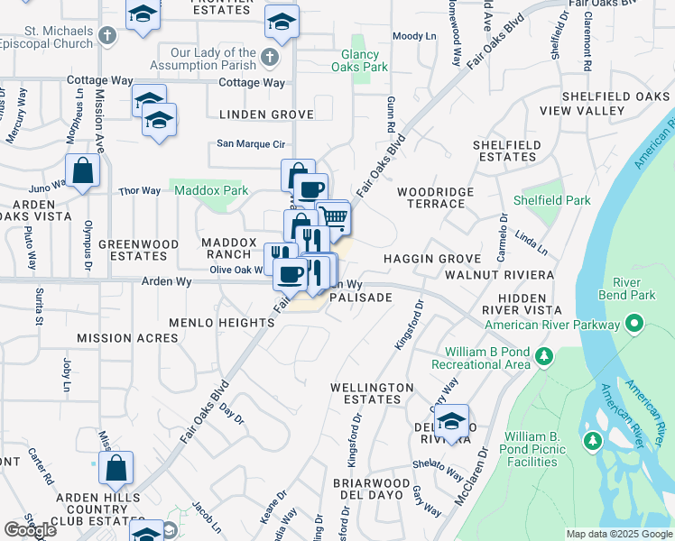 map of restaurants, bars, coffee shops, grocery stores, and more near 5150 Fair Oaks Boulevard in Carmichael