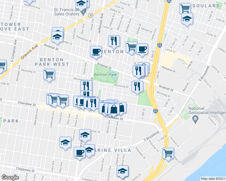 map of restaurants, bars, coffee shops, grocery stores, and more near 2116 Wyoming Street in St. Louis