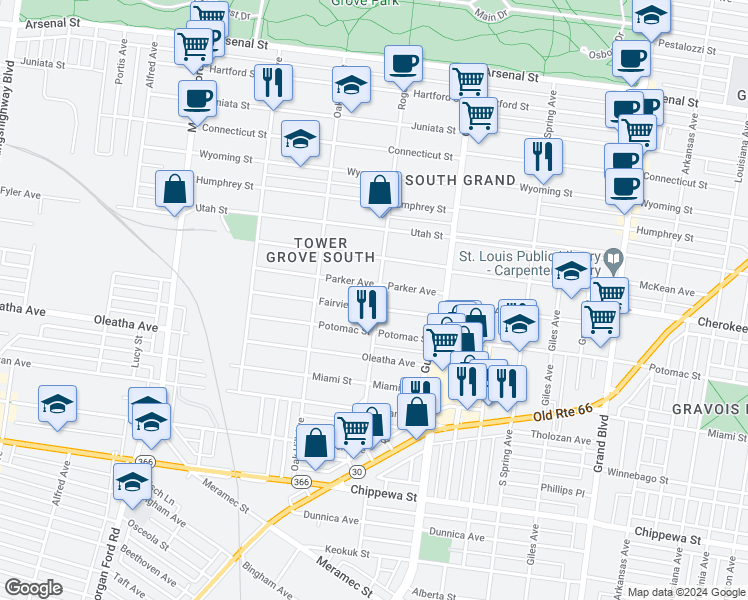map of restaurants, bars, coffee shops, grocery stores, and more near 3357 Roger Place in St. Louis
