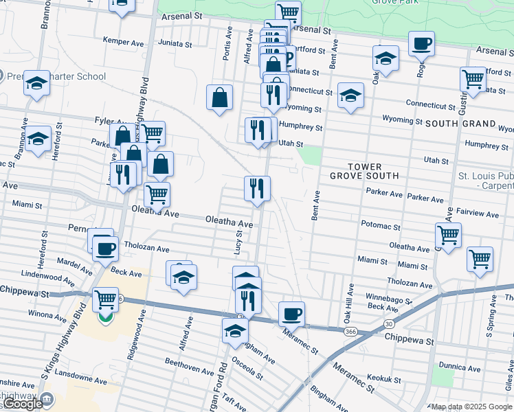 map of restaurants, bars, coffee shops, grocery stores, and more near 3418 Morgan Ford Road in St. Louis