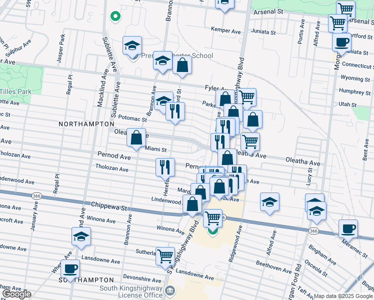 map of restaurants, bars, coffee shops, grocery stores, and more near 4978 Oleatha Avenue in St. Louis