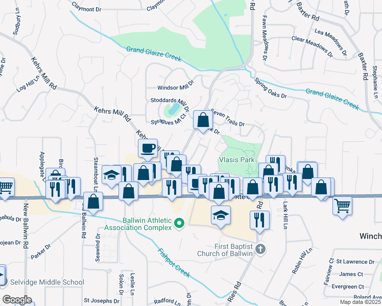 map of restaurants, bars, coffee shops, grocery stores, and more near 131 Holloway Road in Ballwin
