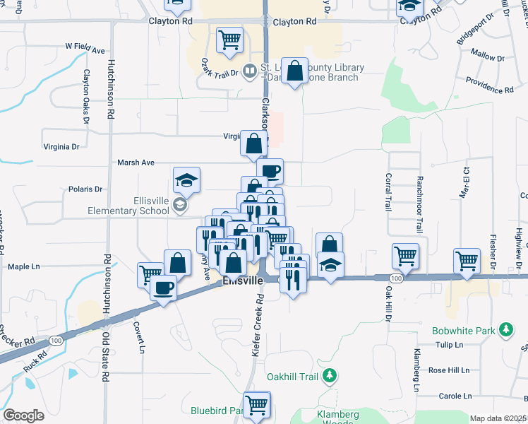 map of restaurants, bars, coffee shops, grocery stores, and more near 146 Clarkson Road in Ellisville